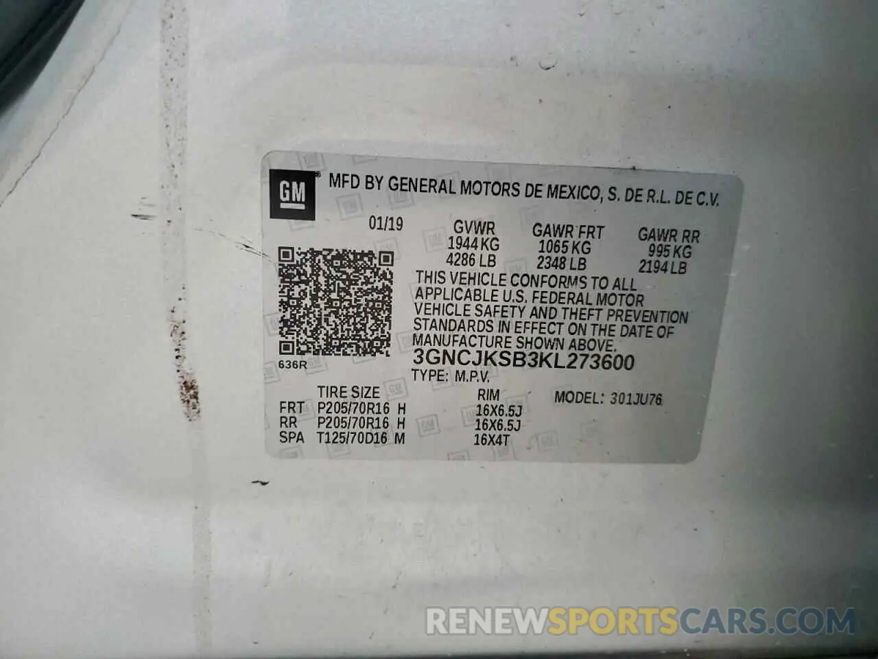 12 Photograph of a damaged car 3GNCJKSB3KL273600 CHEVROLET TRAX 2019
