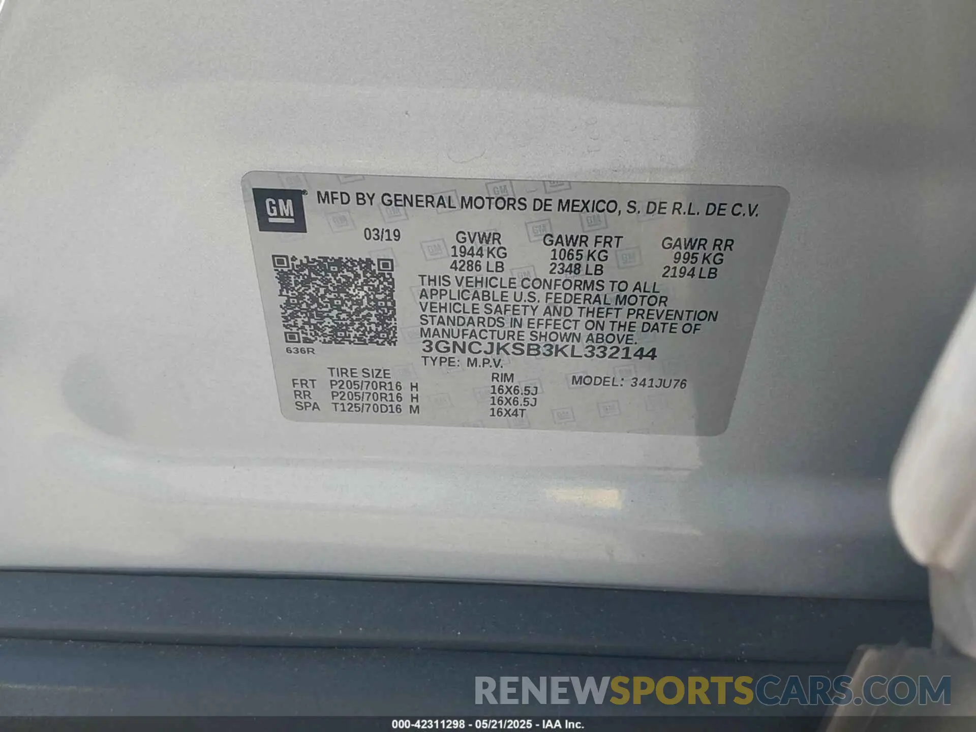 9 Photograph of a damaged car 3GNCJKSB3KL332144 CHEVROLET TRAX 2019