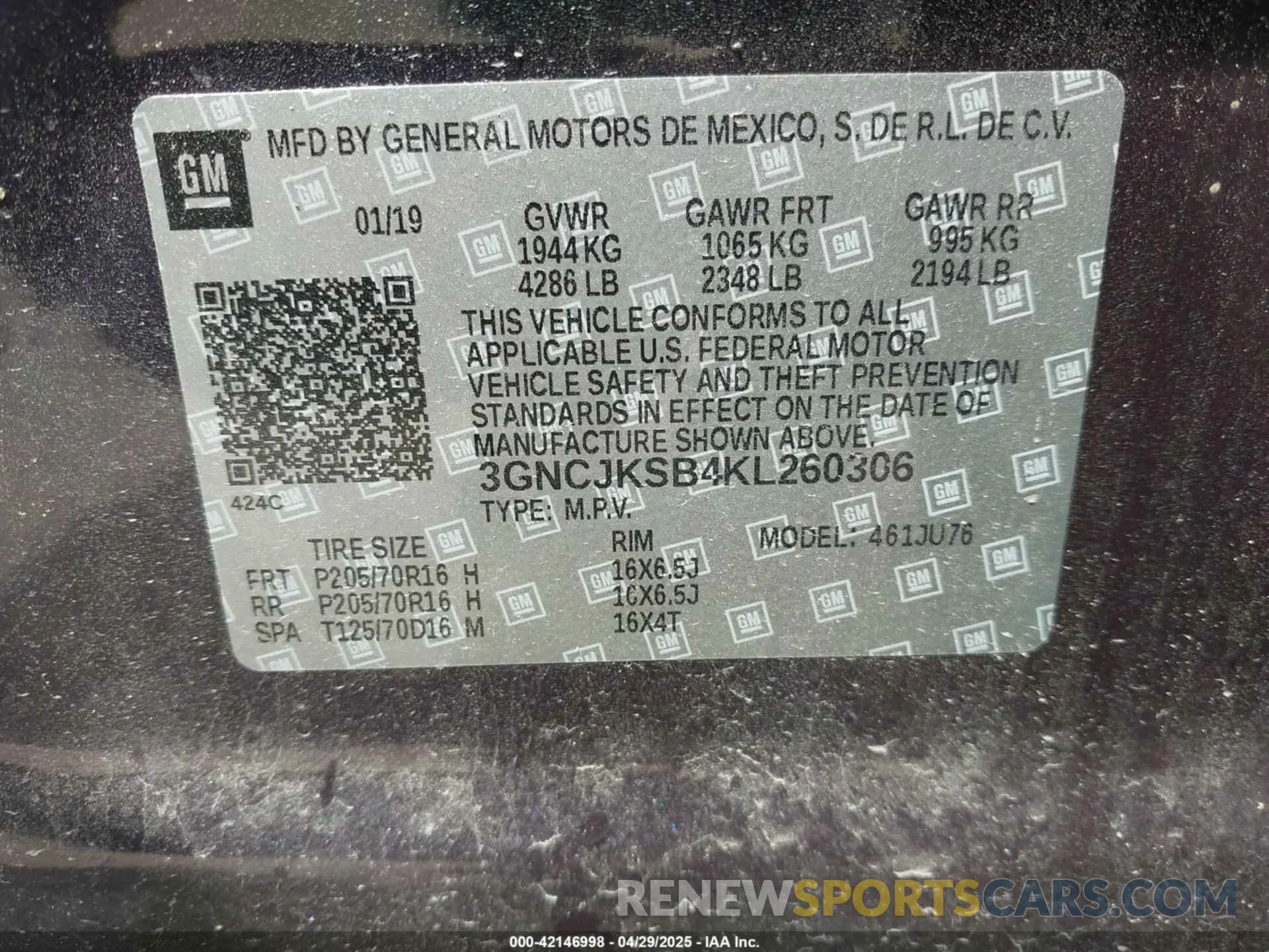 9 Photograph of a damaged car 3GNCJKSB4KL260306 CHEVROLET TRAX 2019
