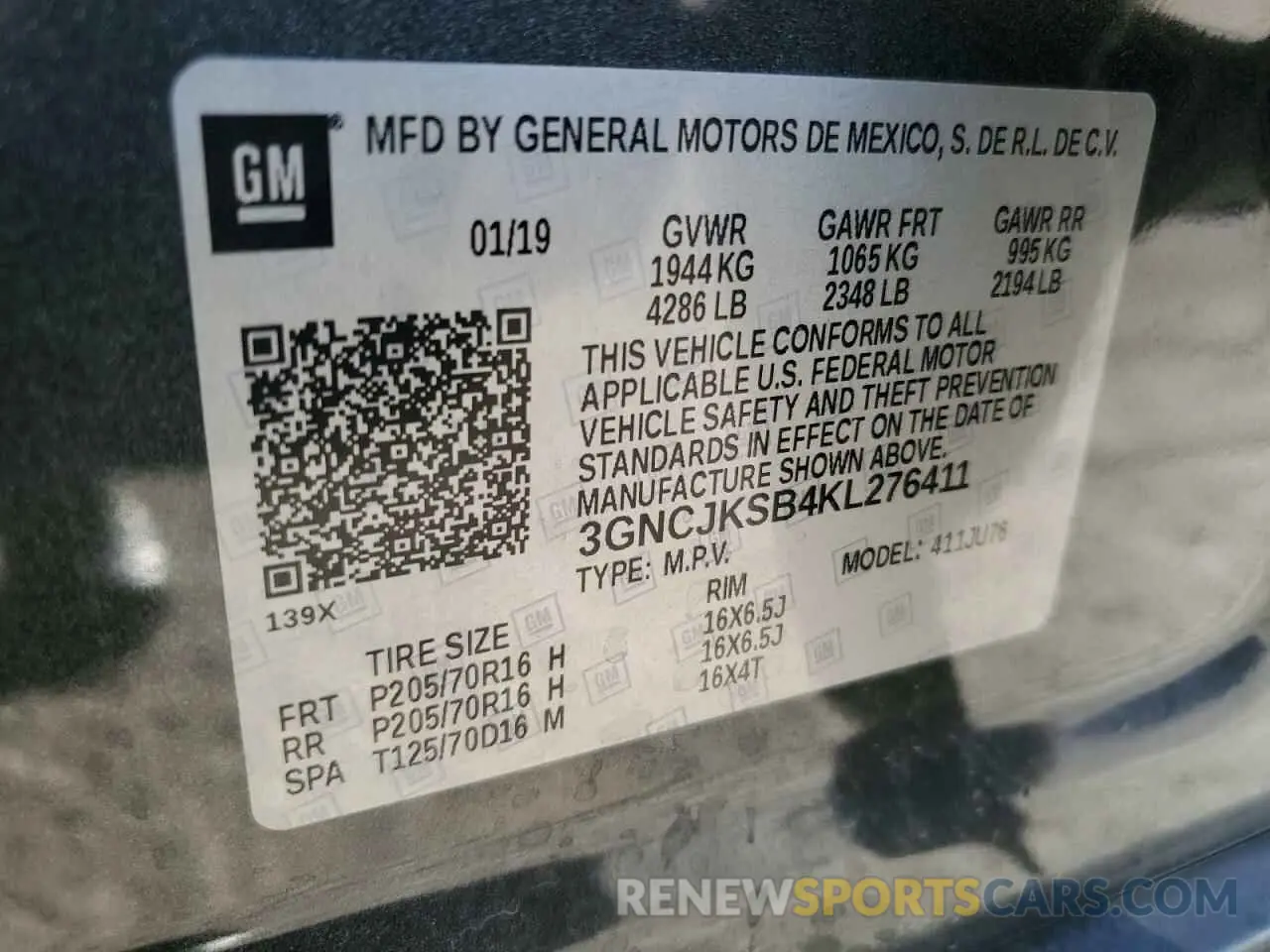 13 Photograph of a damaged car 3GNCJKSB4KL276411 CHEVROLET TRAX 2019