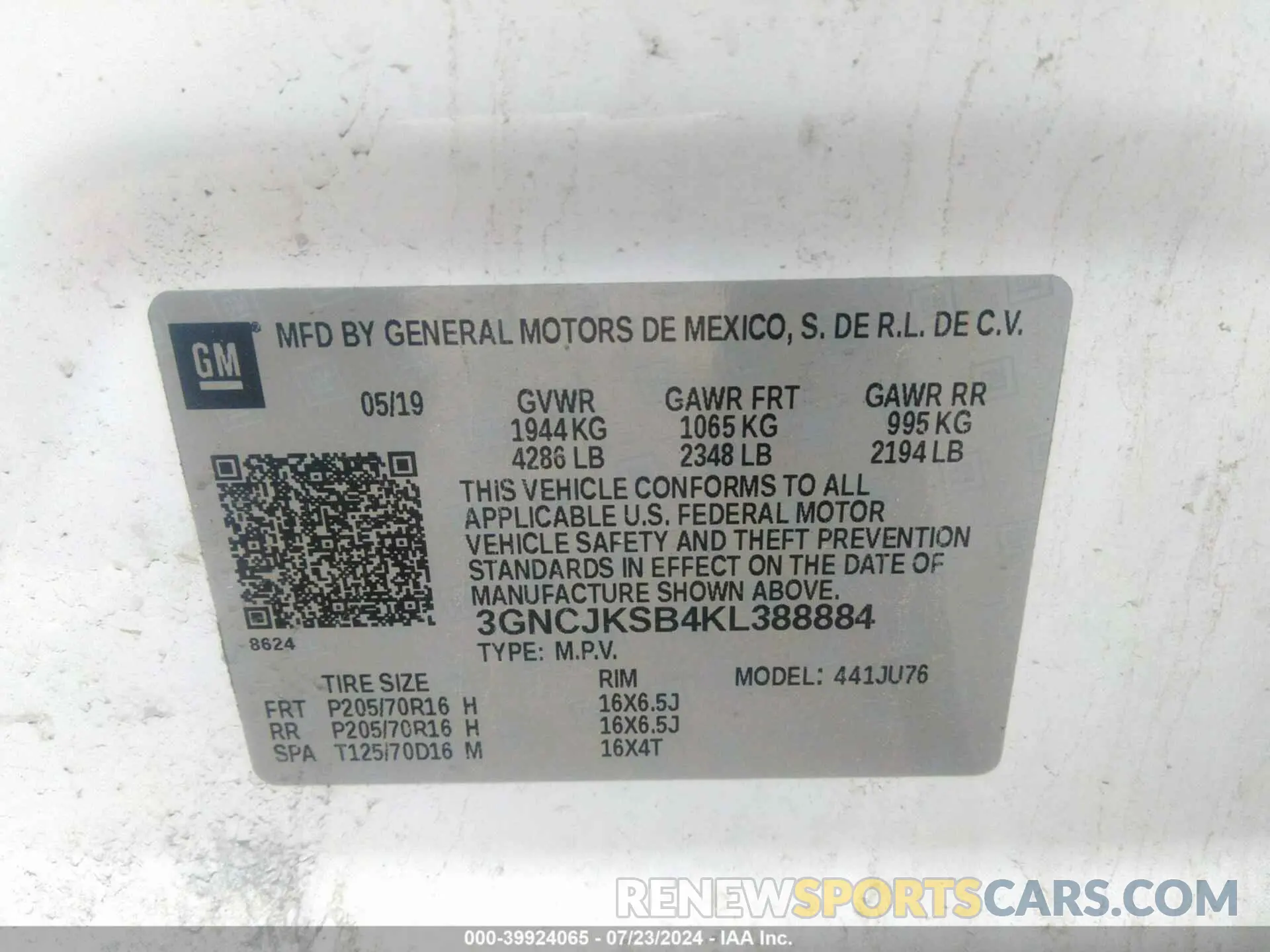 9 Photograph of a damaged car 3GNCJKSB4KL388884 CHEVROLET TRAX 2019