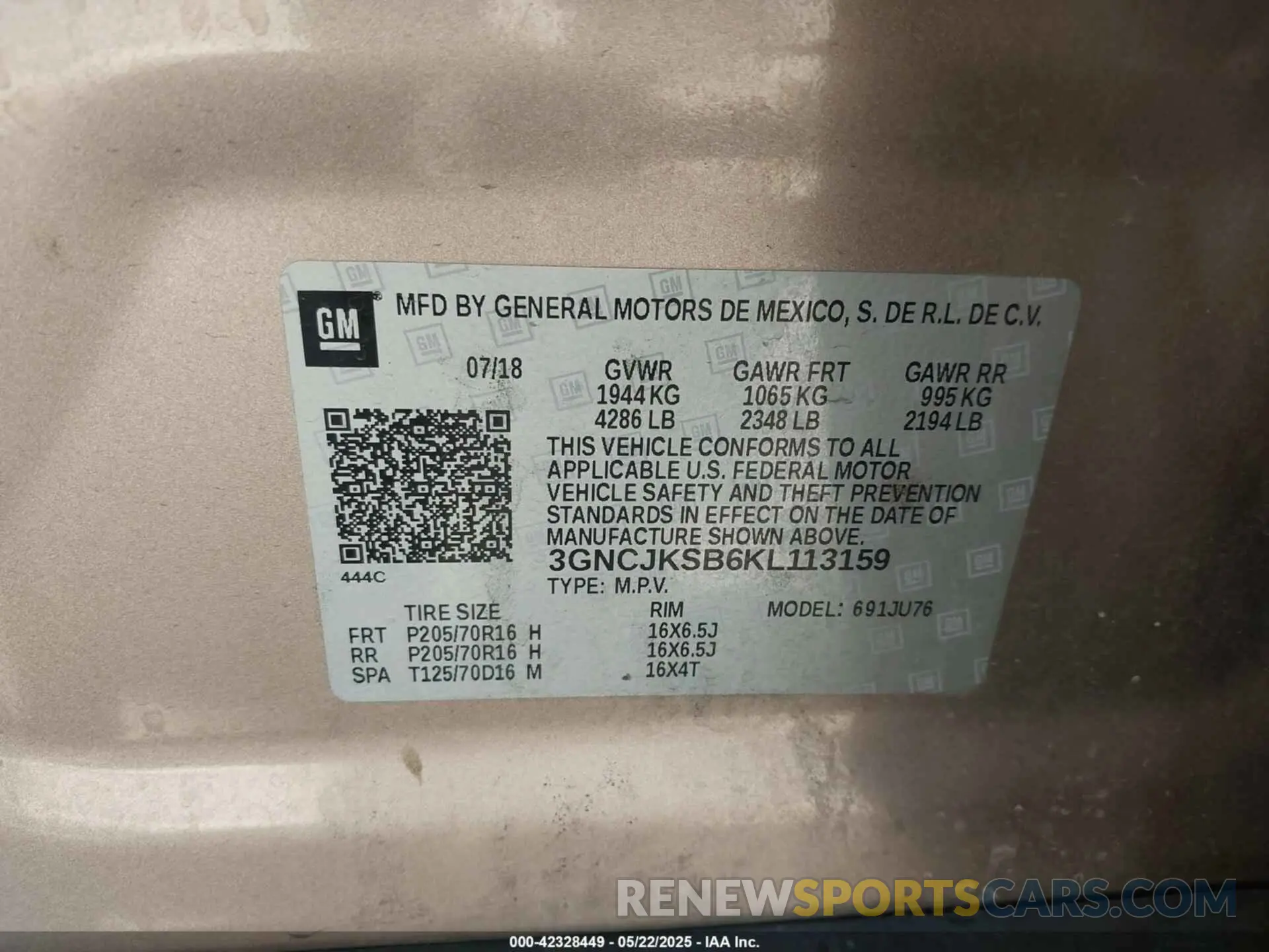 9 Photograph of a damaged car 3GNCJKSB6KL113159 CHEVROLET TRAX 2019