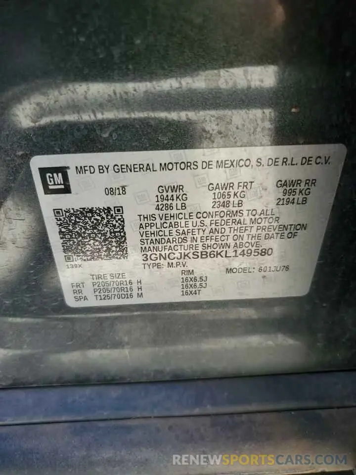 13 Photograph of a damaged car 3GNCJKSB6KL149580 CHEVROLET TRAX 2019