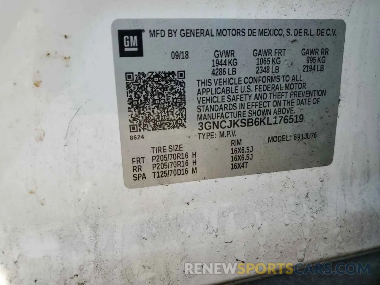 13 Photograph of a damaged car 3GNCJKSB6KL176519 CHEVROLET TRAX 2019