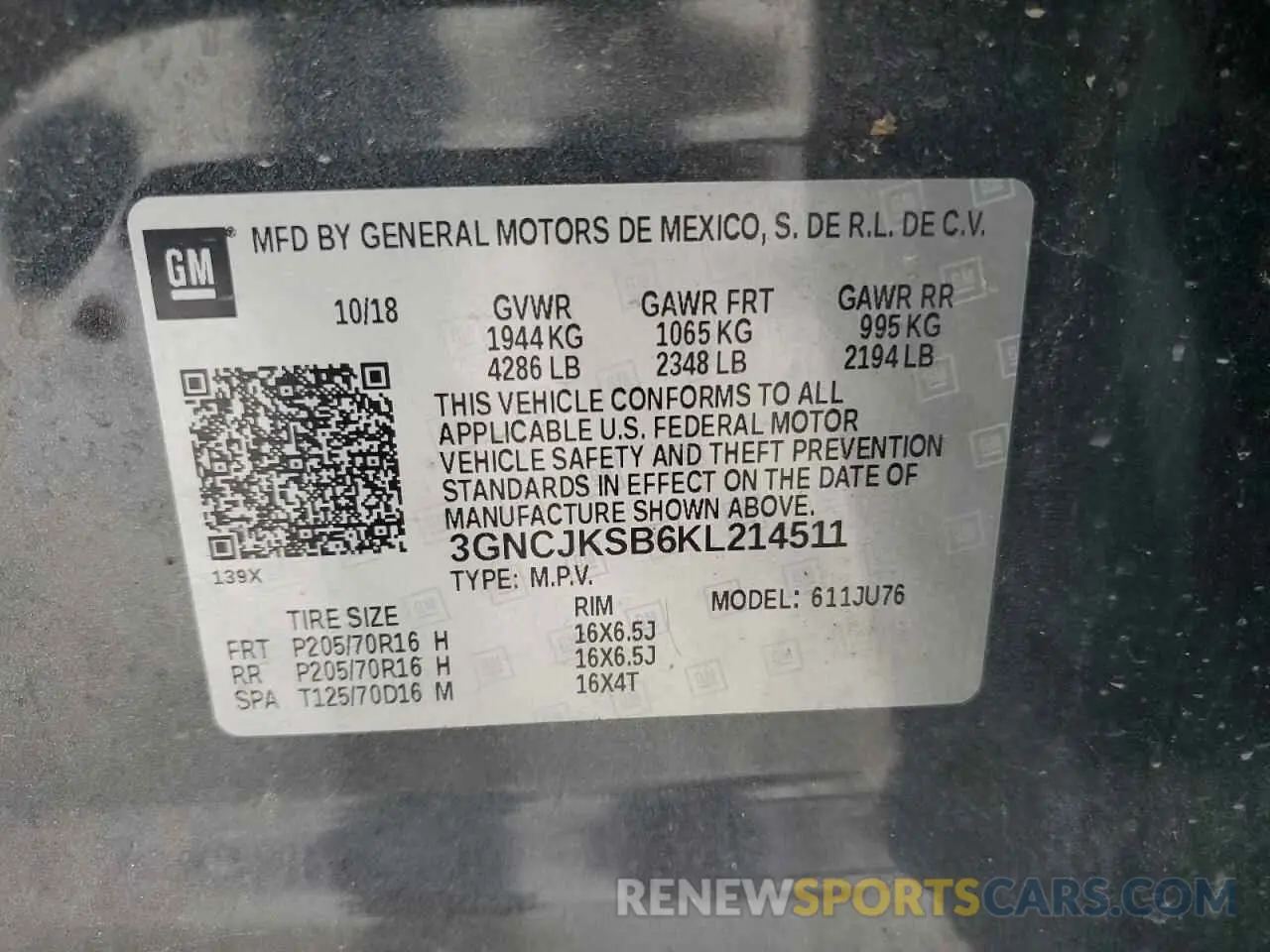 13 Photograph of a damaged car 3GNCJKSB6KL214511 CHEVROLET TRAX 2019