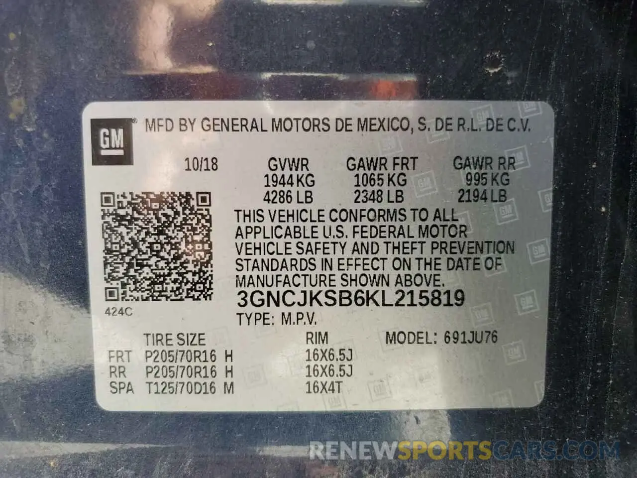 12 Photograph of a damaged car 3GNCJKSB6KL215819 CHEVROLET TRAX 2019