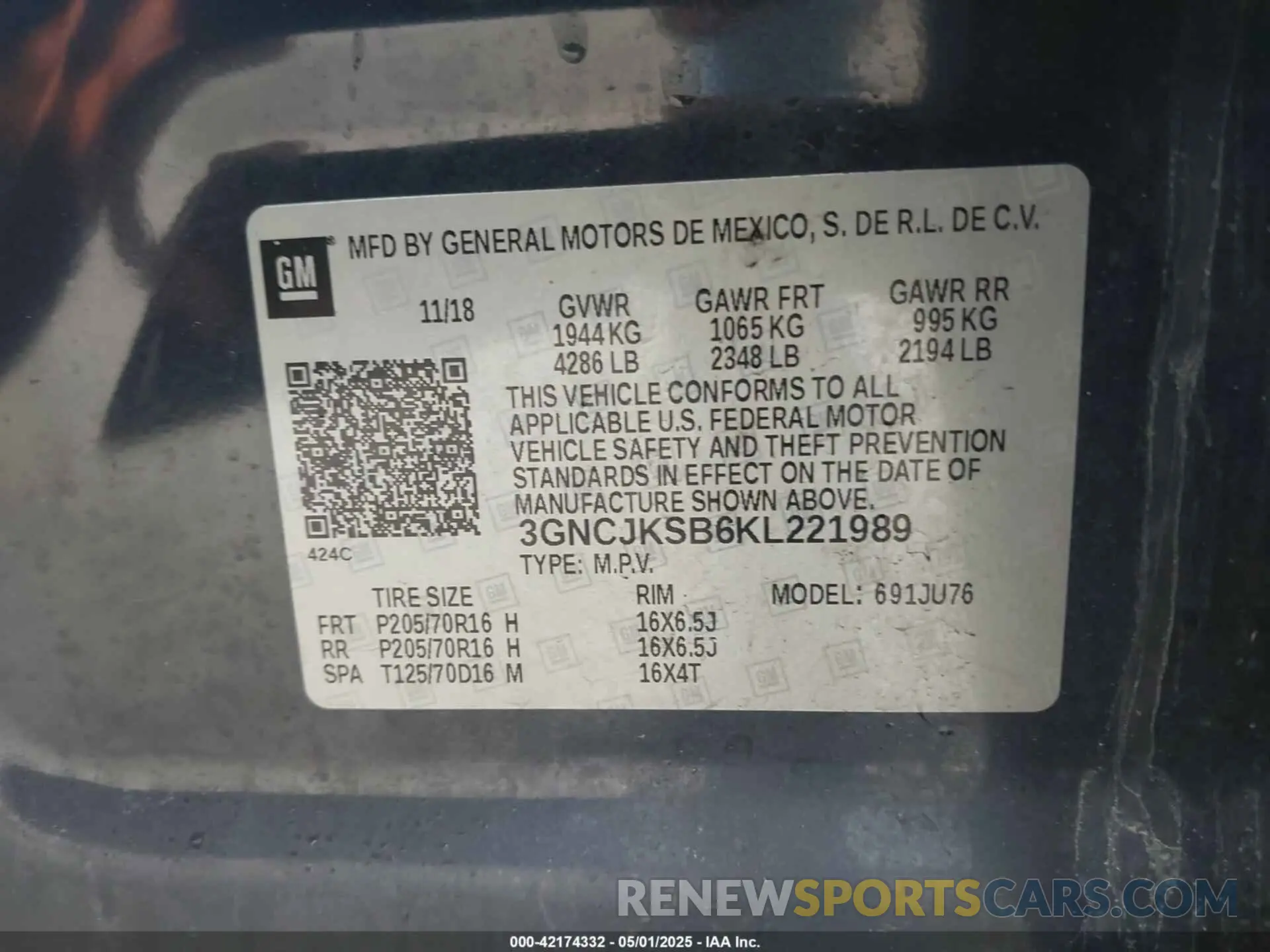 9 Photograph of a damaged car 3GNCJKSB6KL221989 CHEVROLET TRAX 2019
