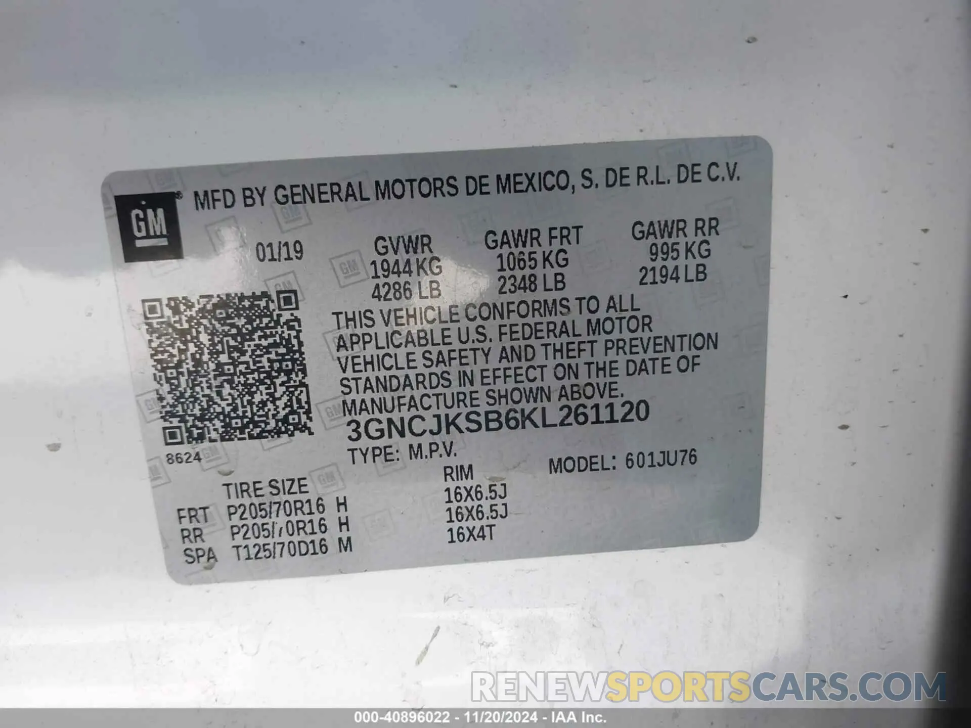 9 Photograph of a damaged car 3GNCJKSB6KL261120 CHEVROLET TRAX 2019