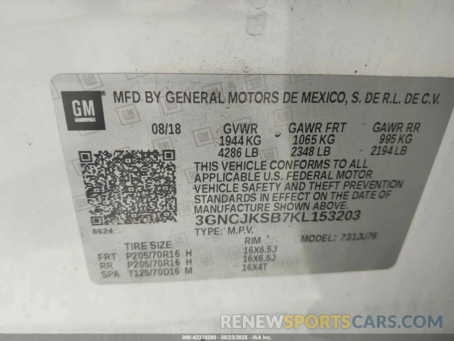 9 Photograph of a damaged car 3GNCJKSB7KL153203 CHEVROLET TRAX 2019