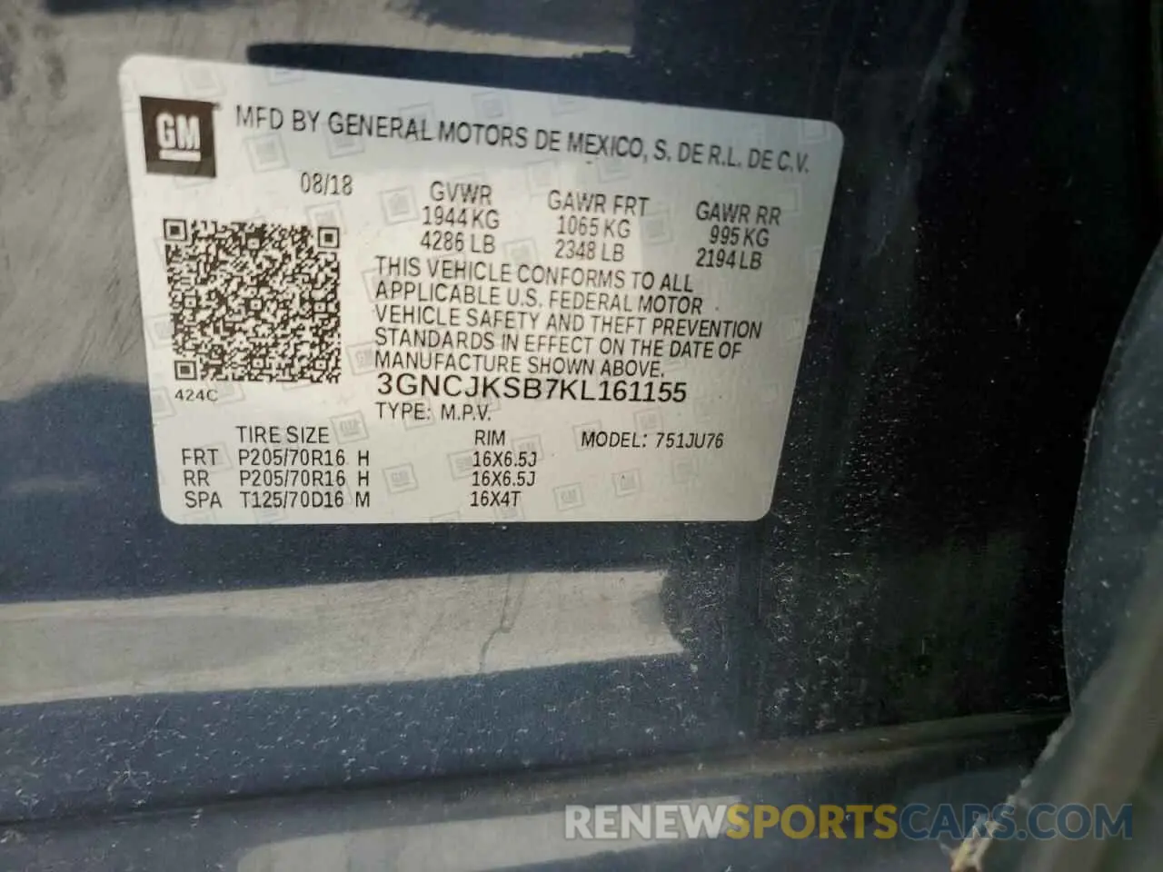 15 Photograph of a damaged car 3GNCJKSB7KL161155 CHEVROLET TRAX 2019