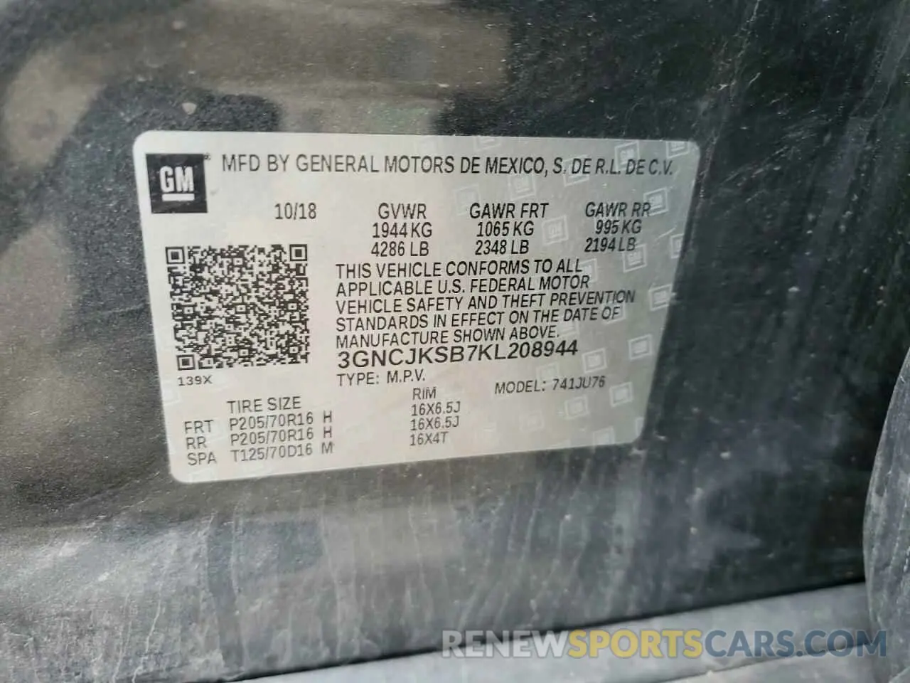 13 Photograph of a damaged car 3GNCJKSB7KL208944 CHEVROLET TRAX 2019