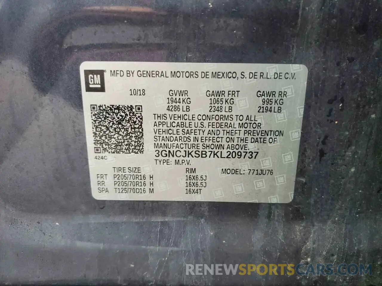 13 Photograph of a damaged car 3GNCJKSB7KL209737 CHEVROLET TRAX 2019