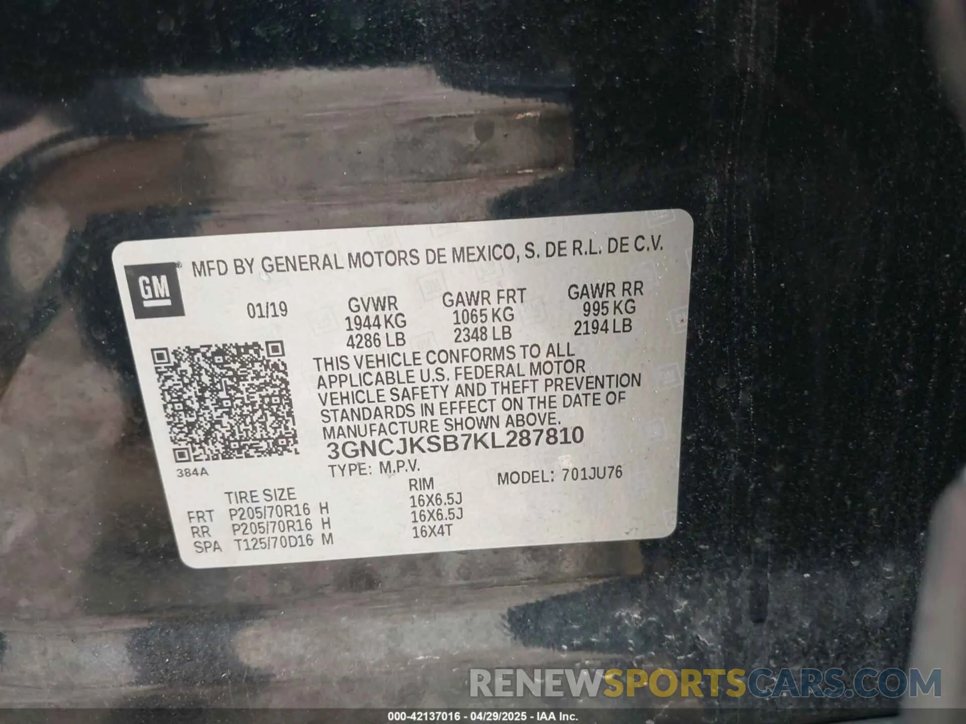 9 Photograph of a damaged car 3GNCJKSB7KL287810 CHEVROLET TRAX 2019
