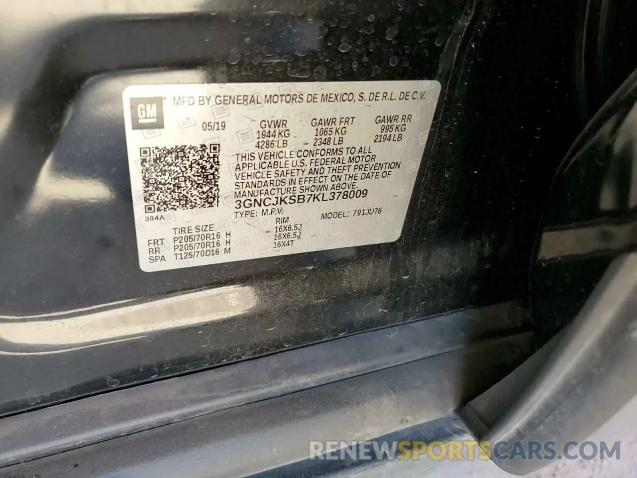13 Photograph of a damaged car 3GNCJKSB7KL378009 CHEVROLET TRAX 2019