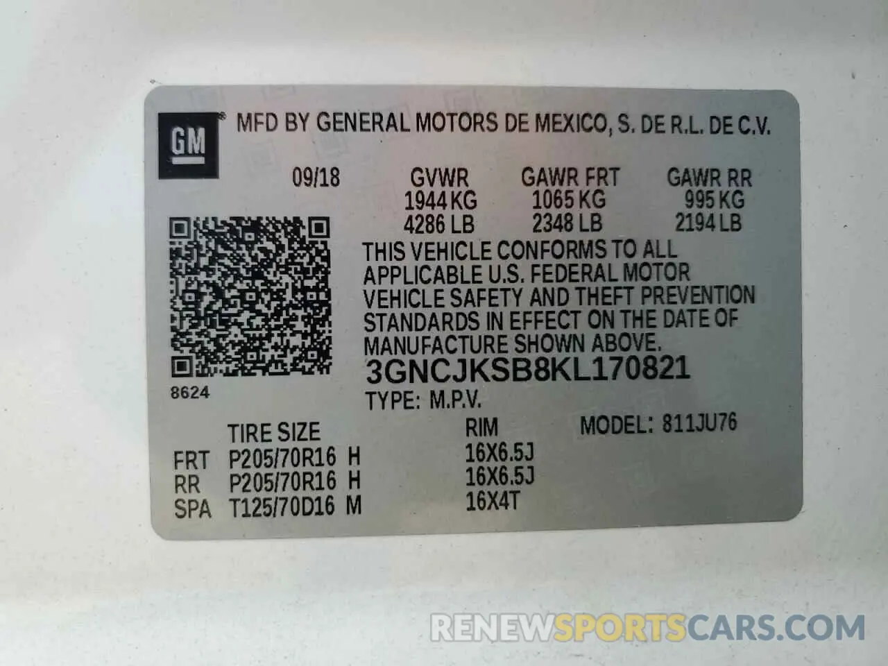14 Photograph of a damaged car 3GNCJKSB8KL170821 CHEVROLET TRAX 2019