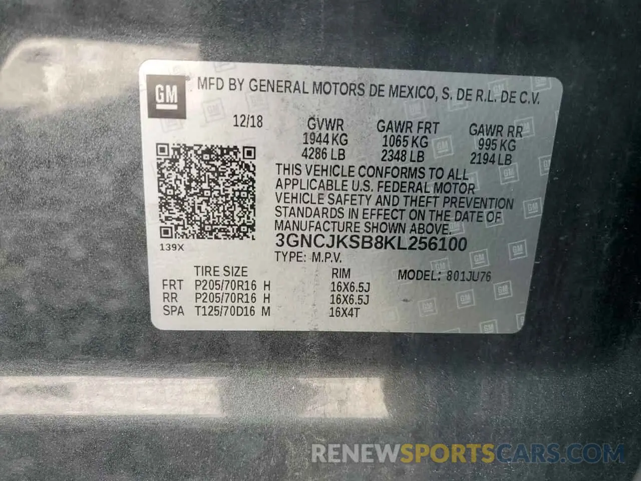 14 Photograph of a damaged car 3GNCJKSB8KL256100 CHEVROLET TRAX 2019