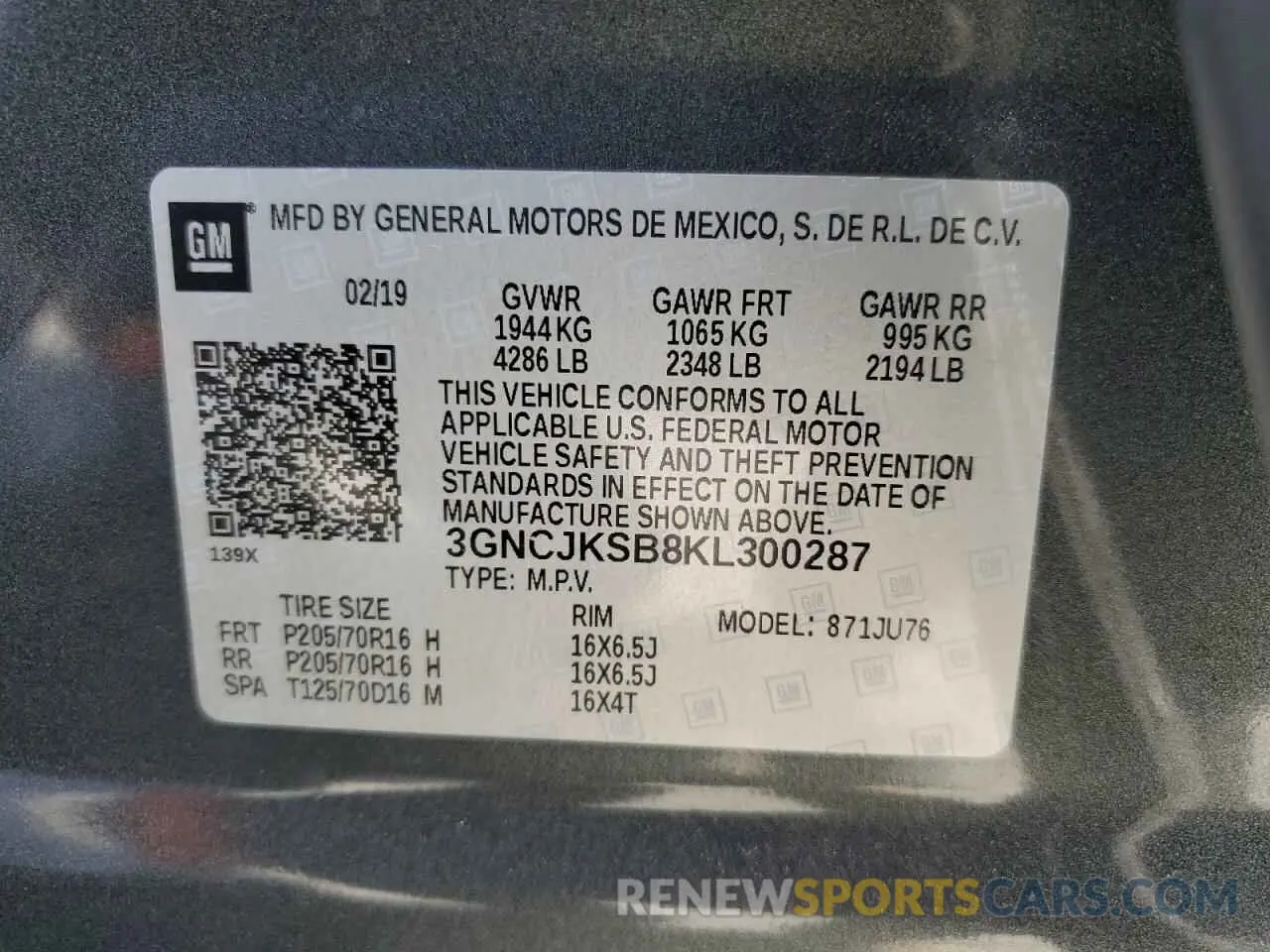 13 Photograph of a damaged car 3GNCJKSB8KL300287 CHEVROLET TRAX 2019