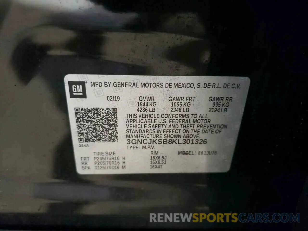 15 Photograph of a damaged car 3GNCJKSB8KL301326 CHEVROLET TRAX 2019