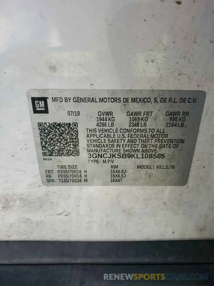 13 Photograph of a damaged car 3GNCJKSB9KL108585 CHEVROLET TRAX 2019
