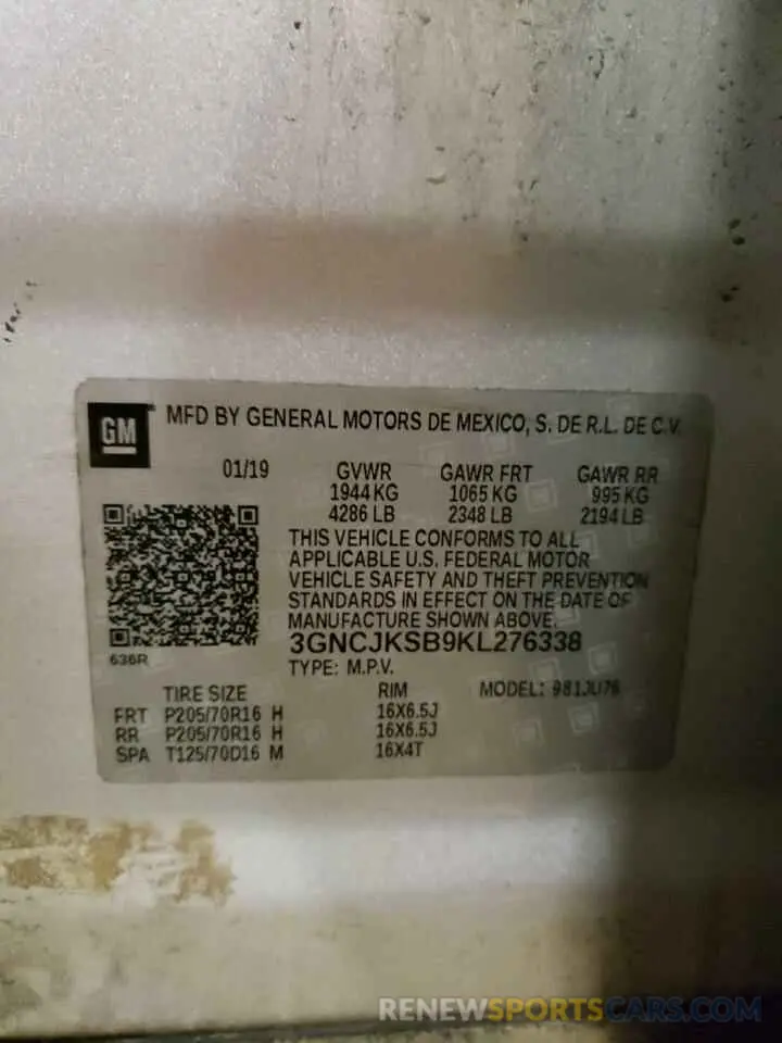 12 Photograph of a damaged car 3GNCJKSB9KL276338 CHEVROLET TRAX 2019
