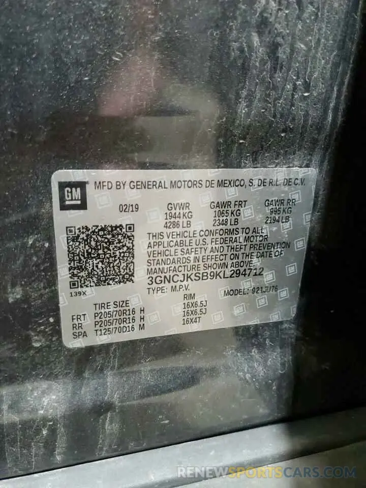 14 Photograph of a damaged car 3GNCJKSB9KL294712 CHEVROLET TRAX 2019
