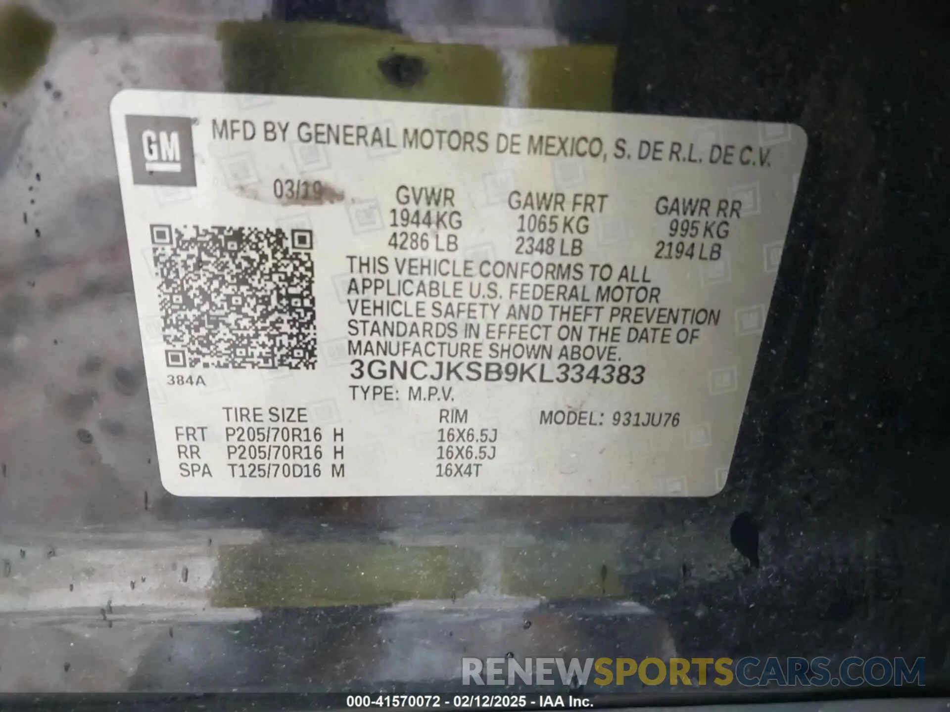 9 Photograph of a damaged car 3GNCJKSB9KL334383 CHEVROLET TRAX 2019