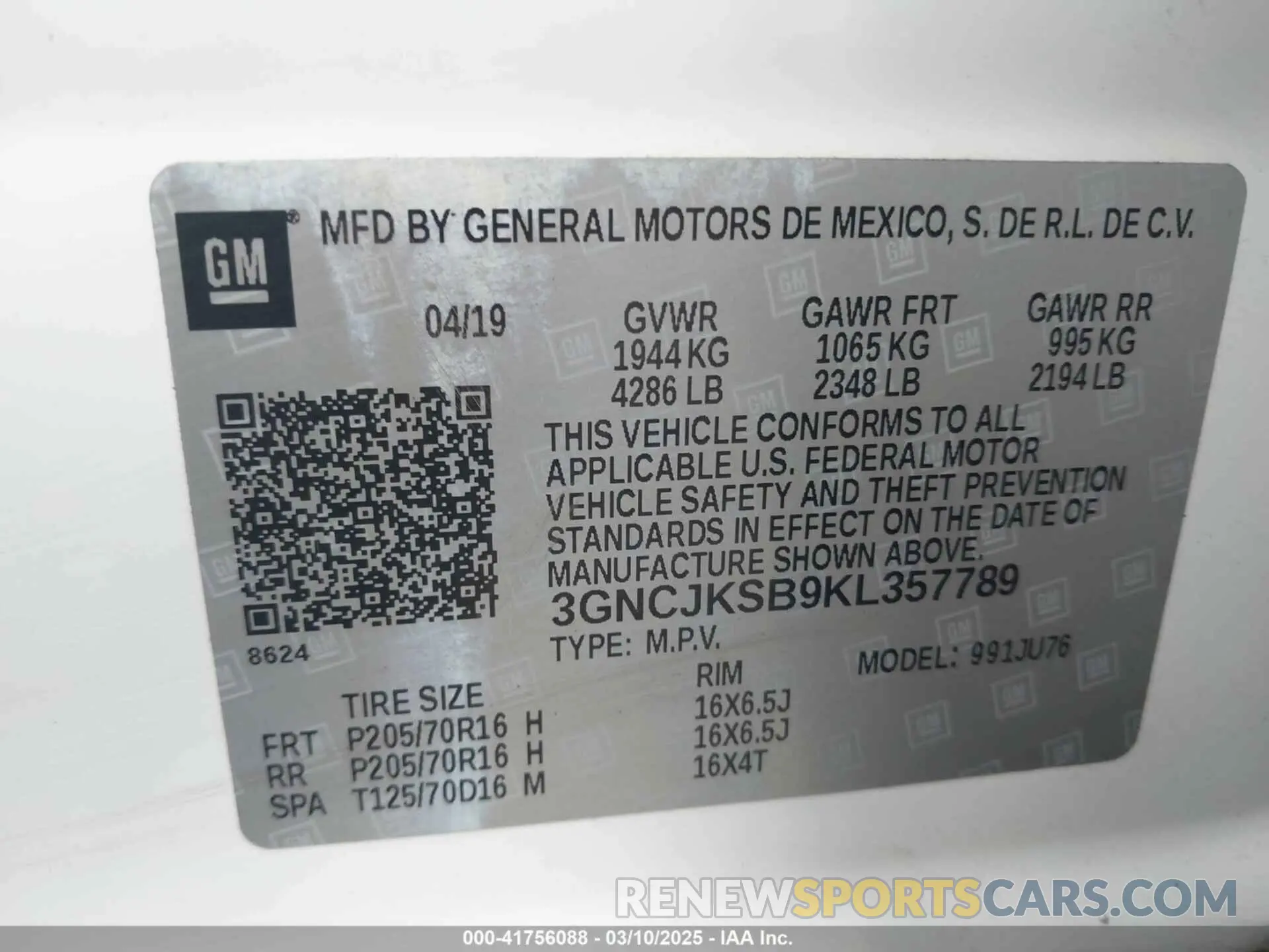 9 Photograph of a damaged car 3GNCJKSB9KL357789 CHEVROLET TRAX 2019