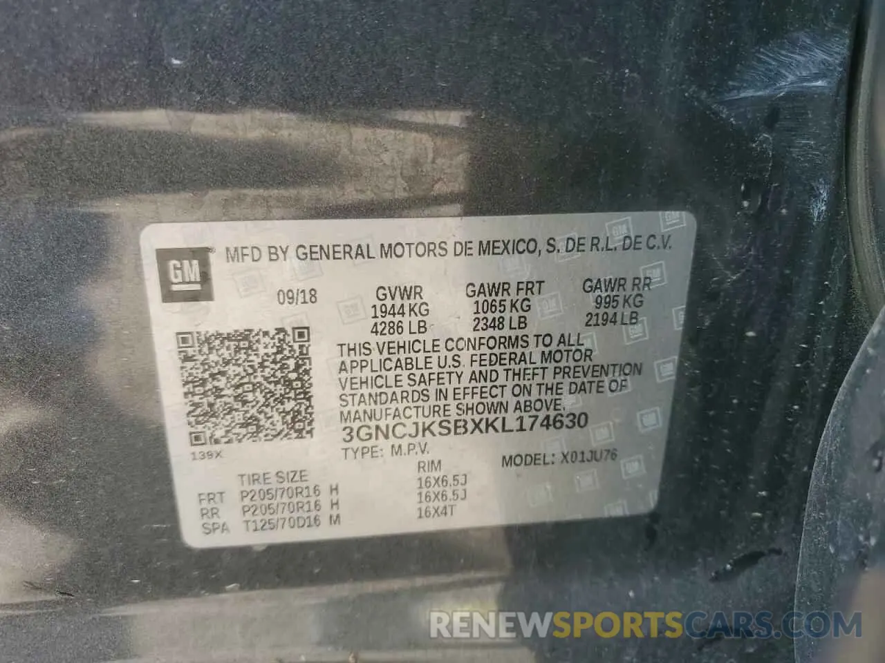 13 Photograph of a damaged car 3GNCJKSBXKL174630 CHEVROLET TRAX 2019