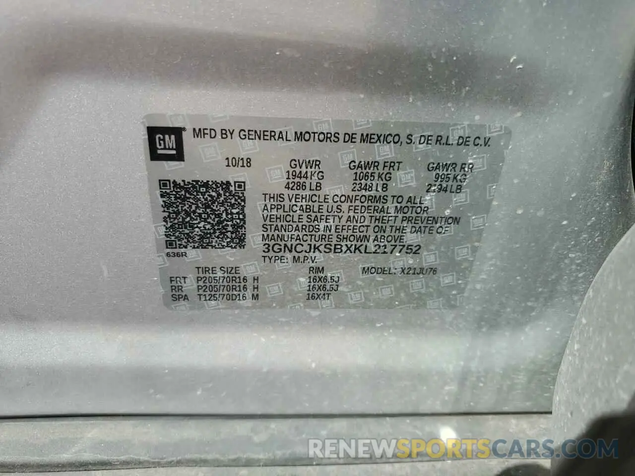 12 Photograph of a damaged car 3GNCJKSBXKL217752 CHEVROLET TRAX 2019