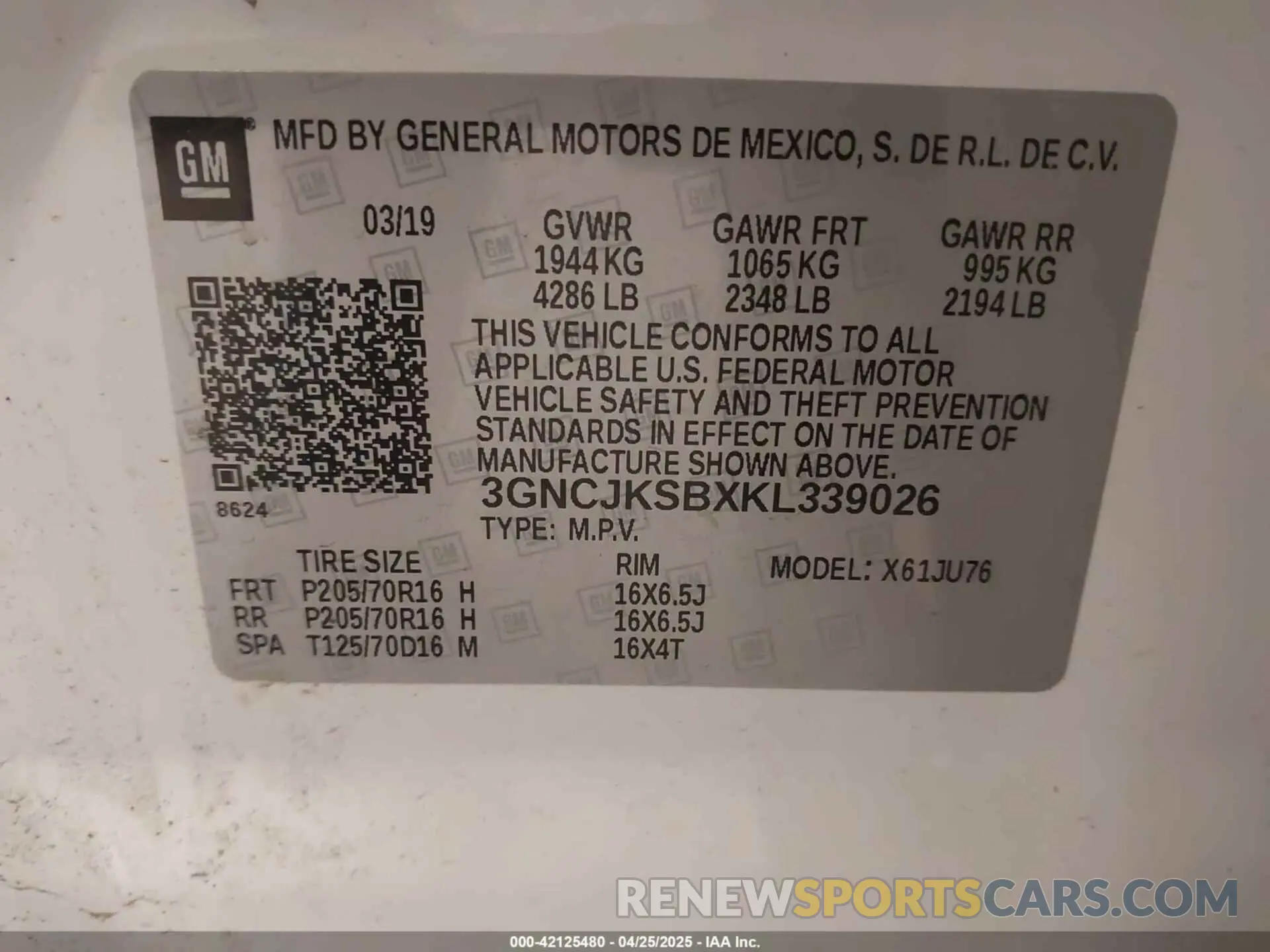 9 Photograph of a damaged car 3GNCJKSBXKL339026 CHEVROLET TRAX 2019