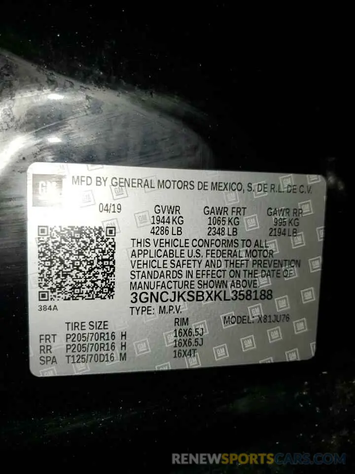 14 Photograph of a damaged car 3GNCJKSBXKL358188 CHEVROLET TRAX 2019