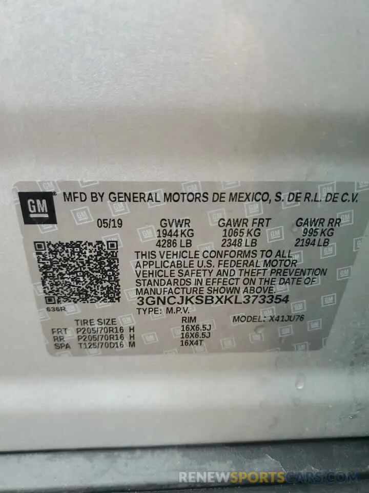 13 Photograph of a damaged car 3GNCJKSBXKL373354 CHEVROLET TRAX 2019