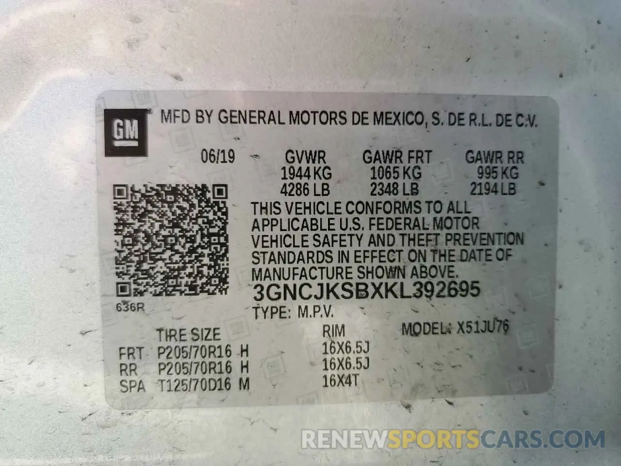 13 Photograph of a damaged car 3GNCJKSBXKL392695 CHEVROLET TRAX 2019