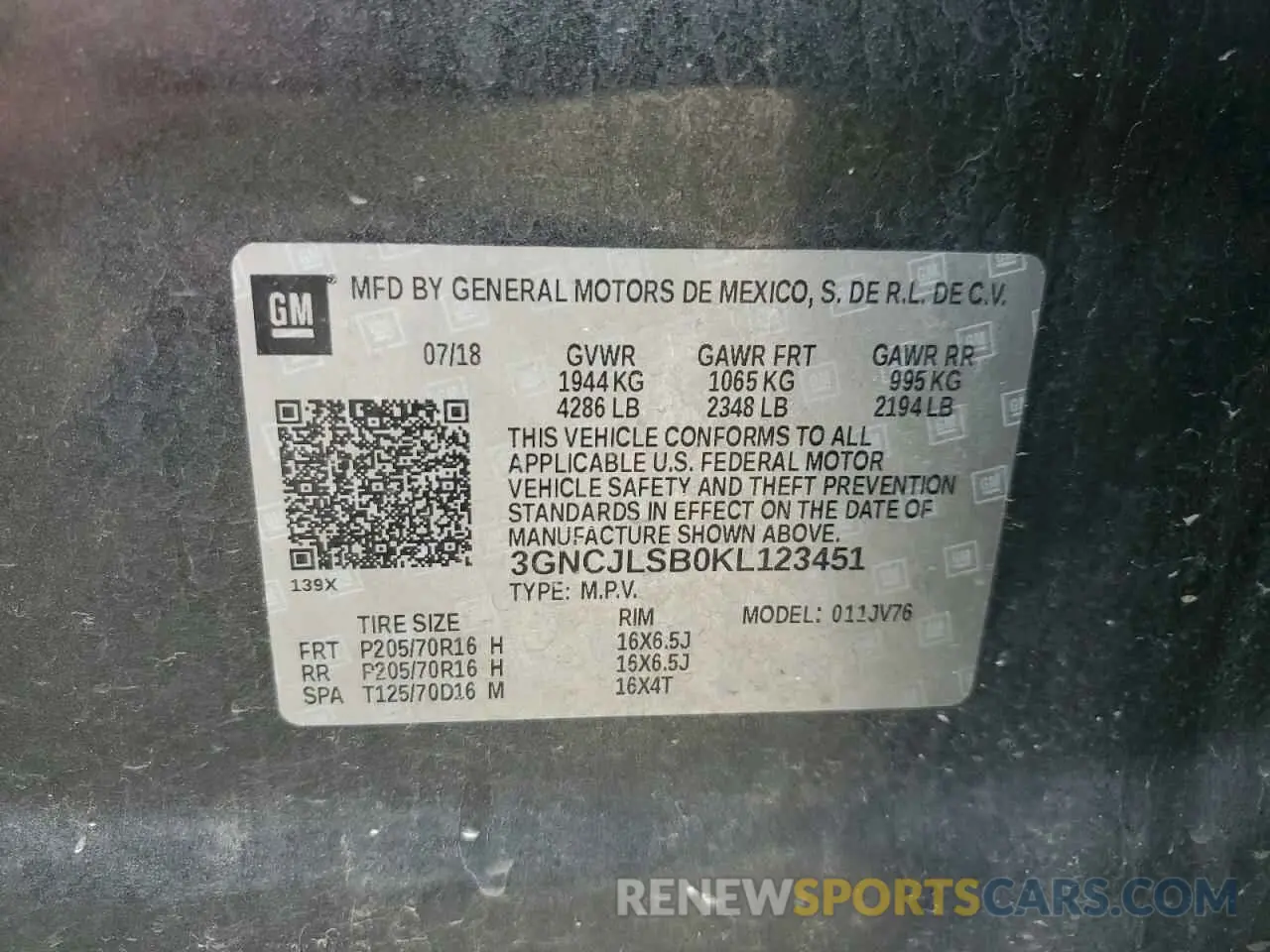 13 Photograph of a damaged car 3GNCJLSB0KL123451 CHEVROLET TRAX 2019