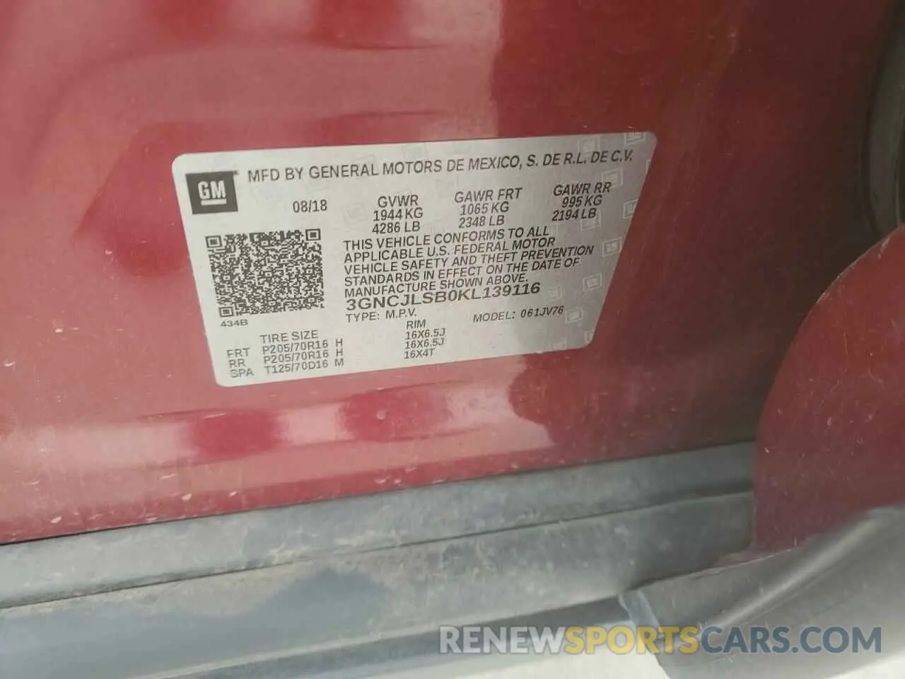 13 Photograph of a damaged car 3GNCJLSB0KL139116 CHEVROLET TRAX 2019