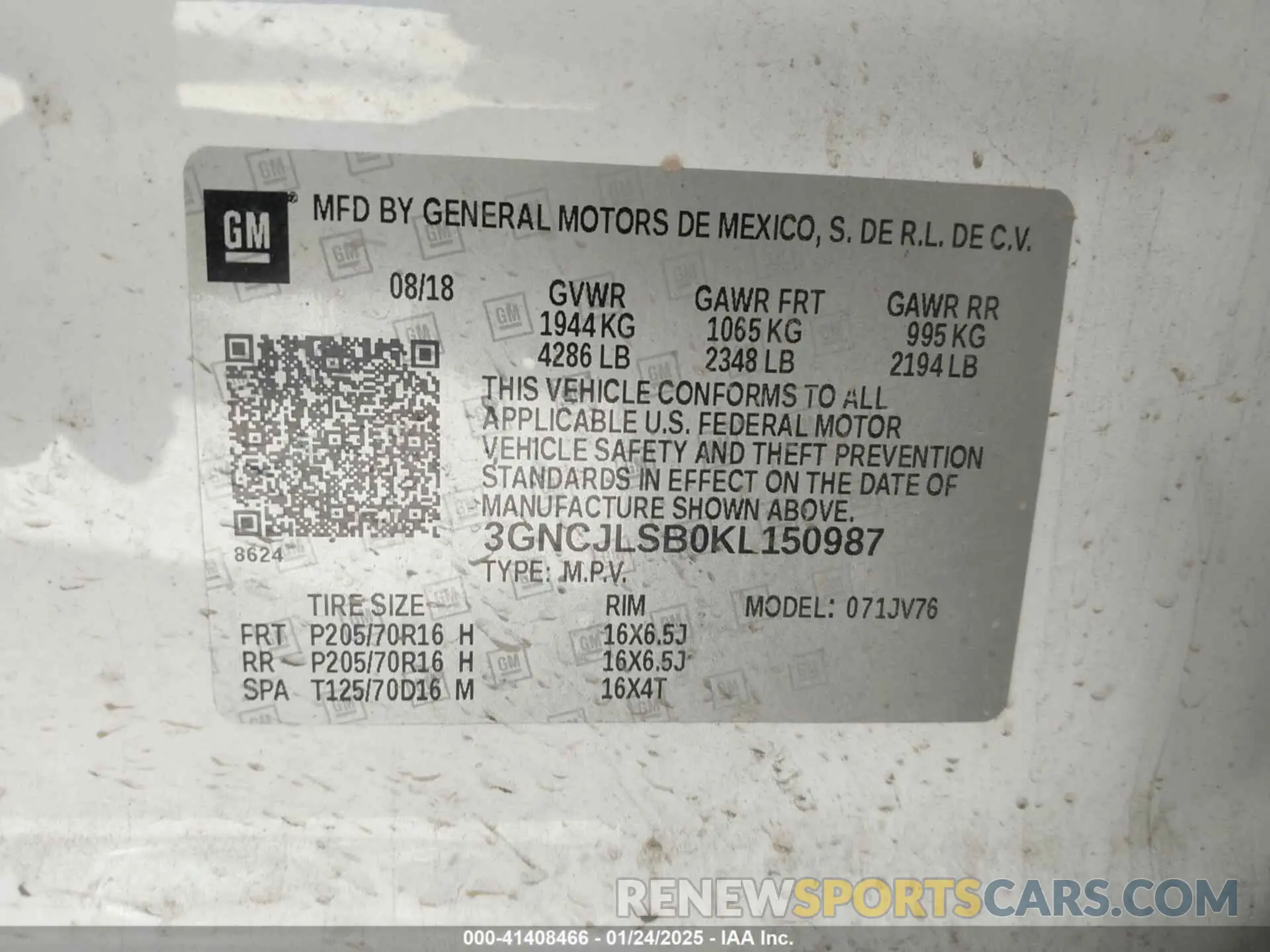 9 Photograph of a damaged car 3GNCJLSB0KL150987 CHEVROLET TRAX 2019