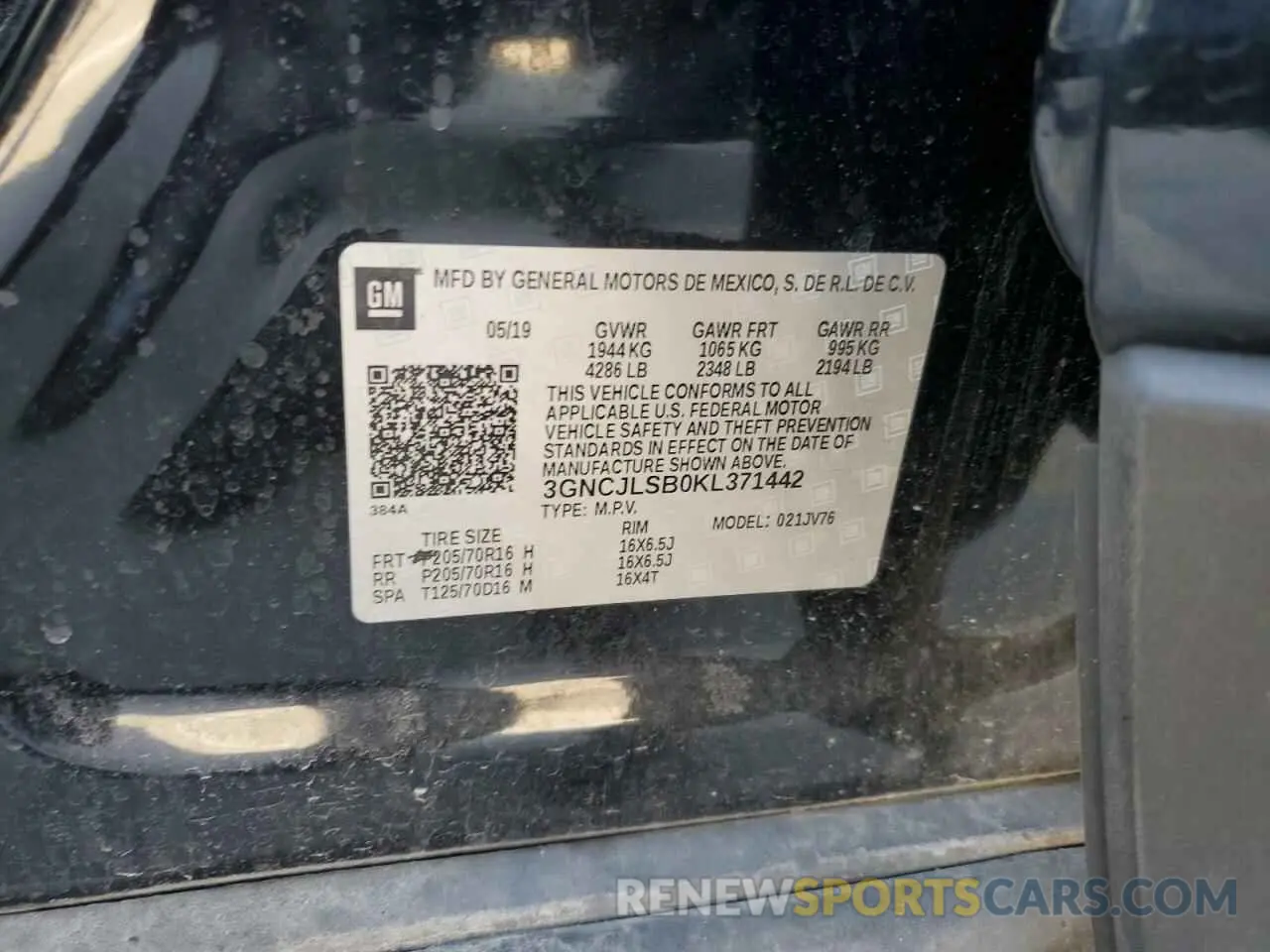 12 Photograph of a damaged car 3GNCJLSB0KL371442 CHEVROLET TRAX 2019