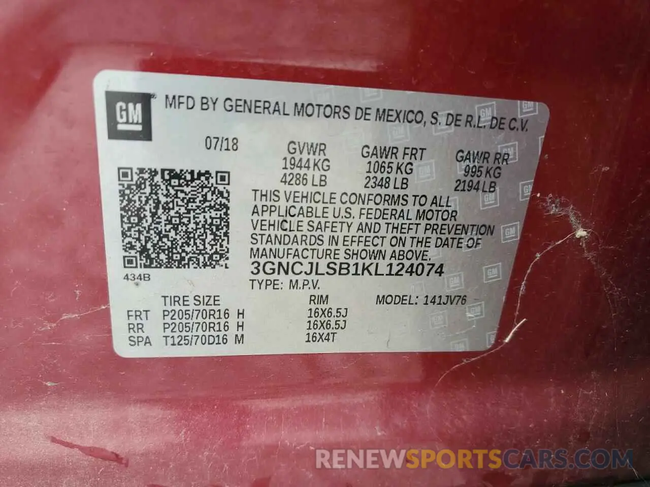 12 Photograph of a damaged car 3GNCJLSB1KL124074 CHEVROLET TRAX 2019