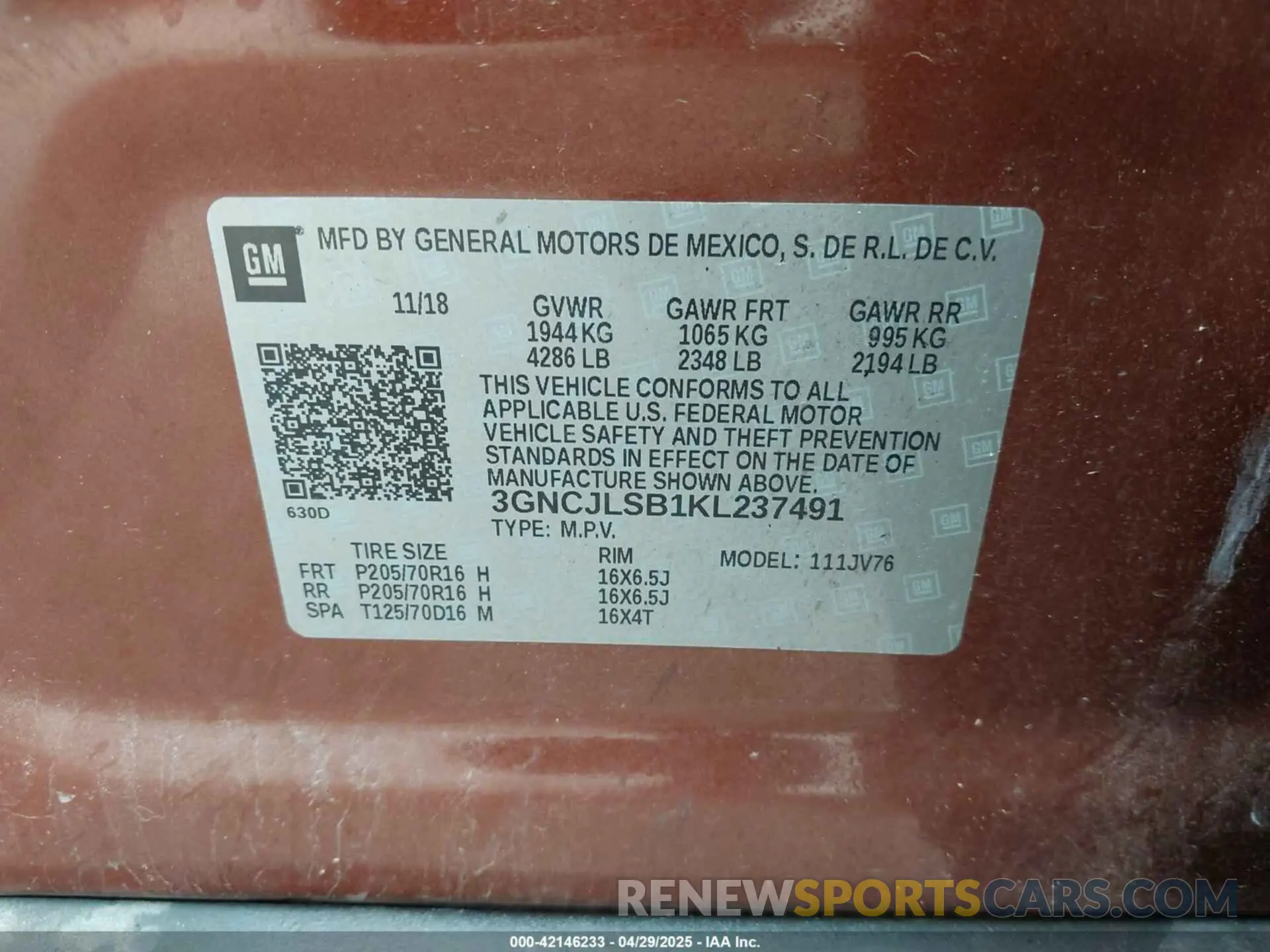 9 Photograph of a damaged car 3GNCJLSB1KL237491 CHEVROLET TRAX 2019