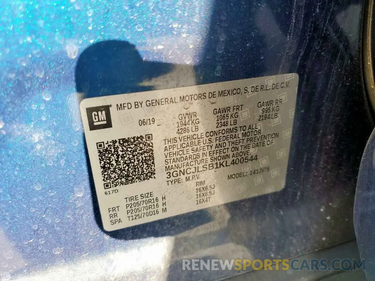 13 Photograph of a damaged car 3GNCJLSB1KL400544 CHEVROLET TRAX 2019