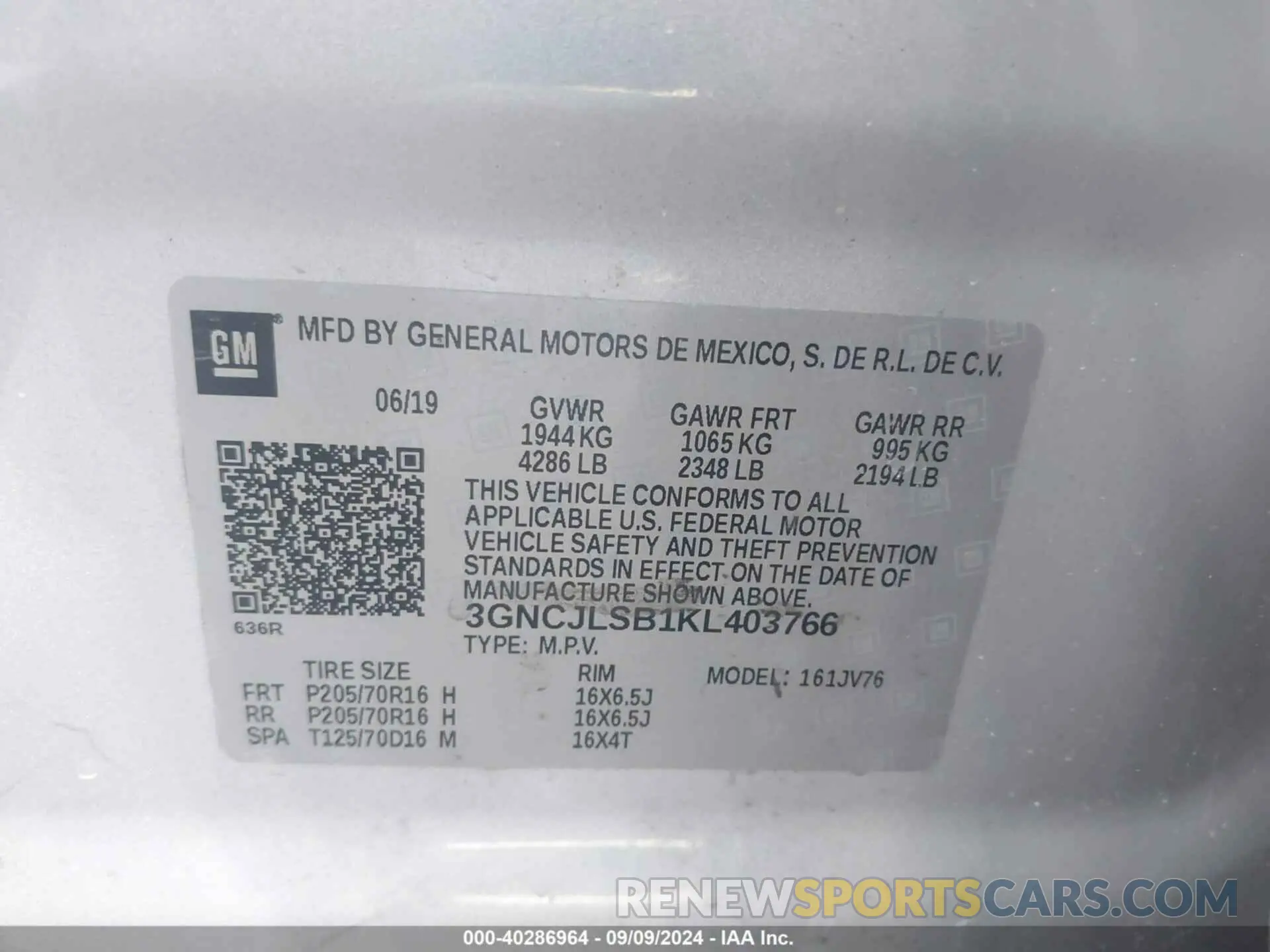 9 Photograph of a damaged car 3GNCJLSB1KL403766 CHEVROLET TRAX 2019