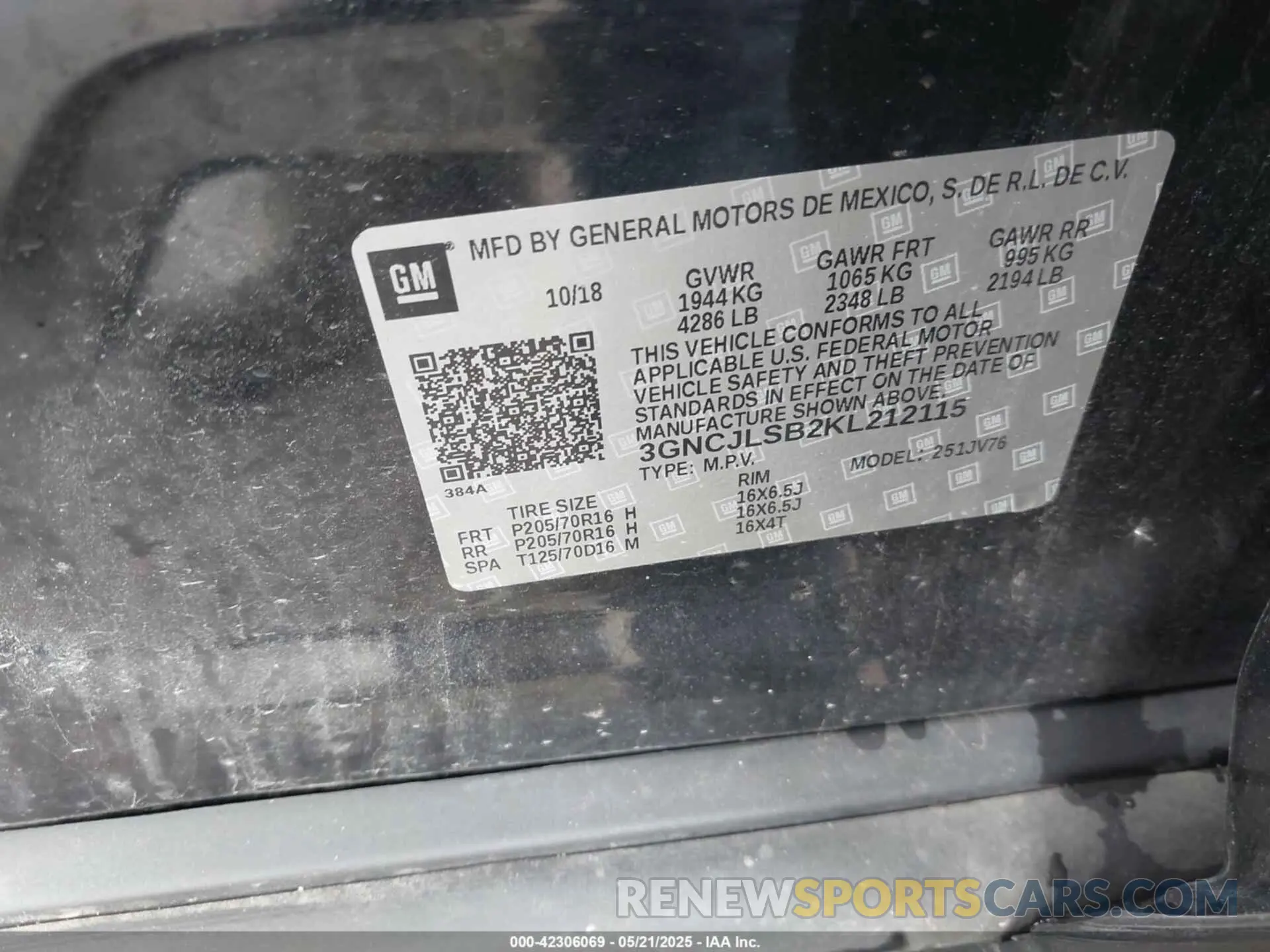 9 Photograph of a damaged car 3GNCJLSB2KL212115 CHEVROLET TRAX 2019