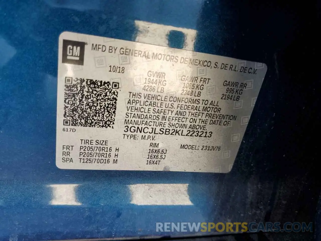 13 Photograph of a damaged car 3GNCJLSB2KL223213 CHEVROLET TRAX 2019
