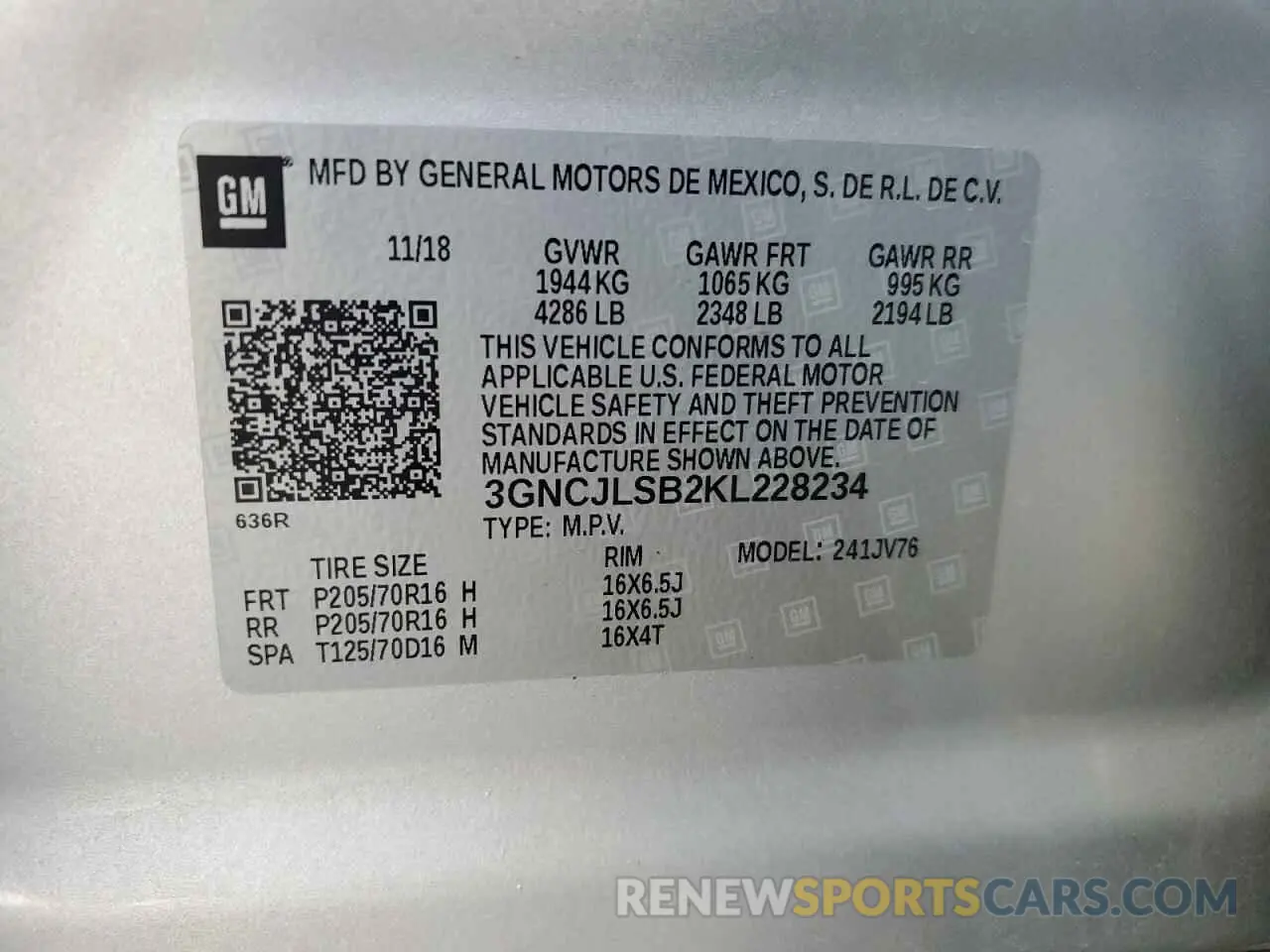 13 Photograph of a damaged car 3GNCJLSB2KL228234 CHEVROLET TRAX 2019