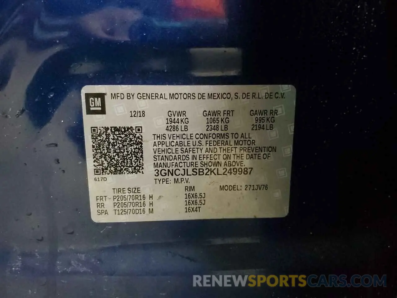 15 Photograph of a damaged car 3GNCJLSB2KL249987 CHEVROLET TRAX 2019