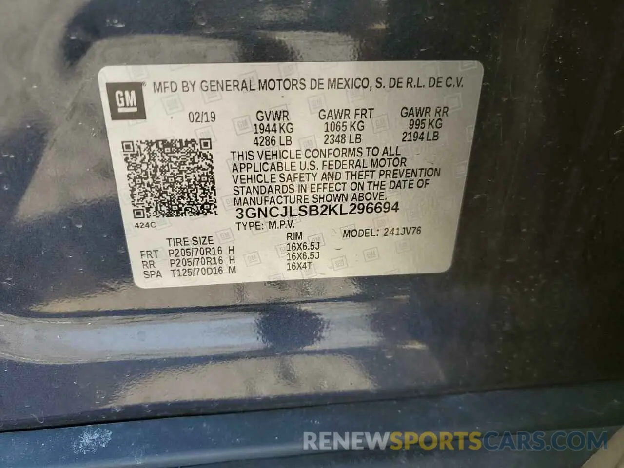 15 Photograph of a damaged car 3GNCJLSB2KL296694 CHEVROLET TRAX 2019