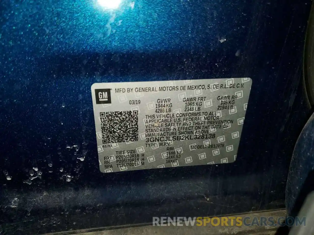 13 Photograph of a damaged car 3GNCJLSB2KL328138 CHEVROLET TRAX 2019