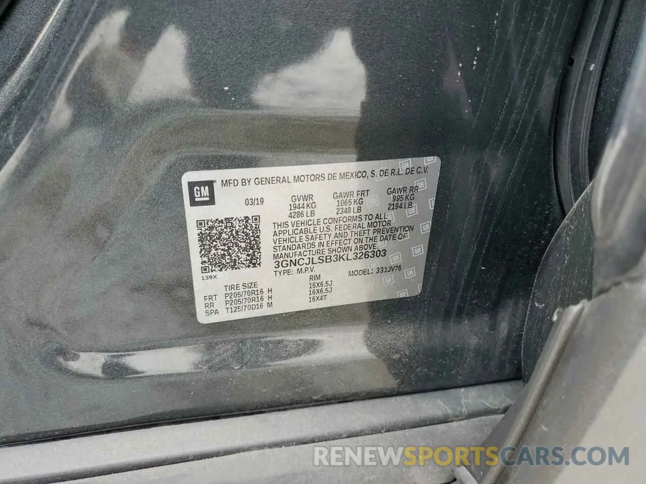 13 Photograph of a damaged car 3GNCJLSB3KL326303 CHEVROLET TRAX 2019