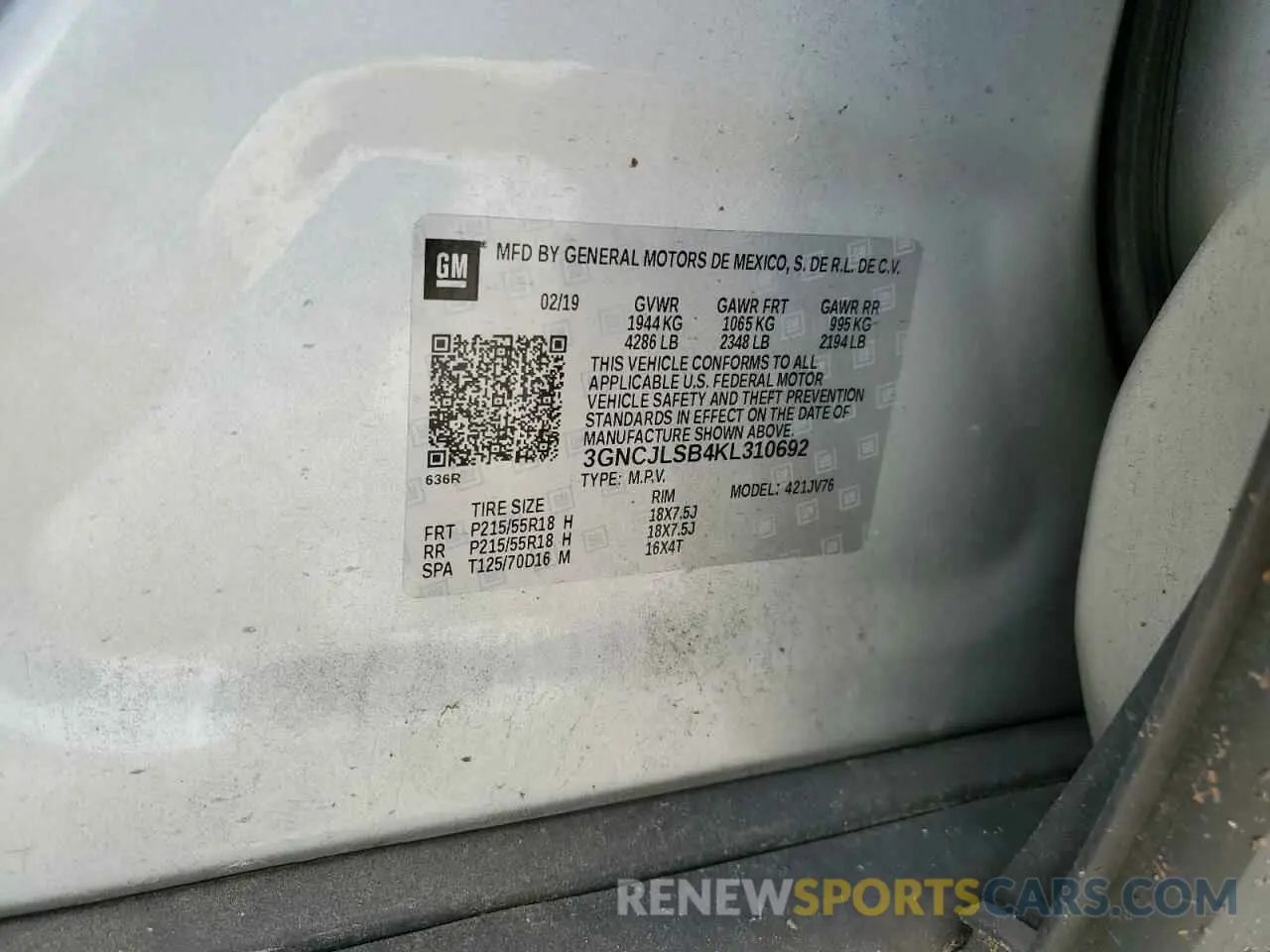 12 Photograph of a damaged car 3GNCJLSB4KL310692 CHEVROLET TRAX 2019