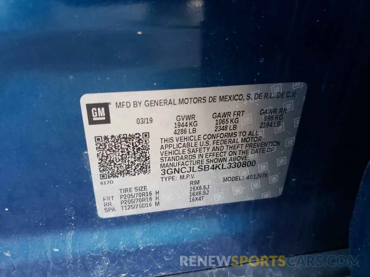 12 Photograph of a damaged car 3GNCJLSB4KL330800 CHEVROLET TRAX 2019